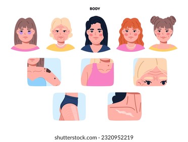 Set of human body elements. Biology and anatomy. Appearance care and medical procedures, plastic surgery. Poster or banner. Cartoon flat vector collection isolated on white background