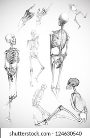 Set of human body parts and skeletons in different poses,like pictured by a pencil