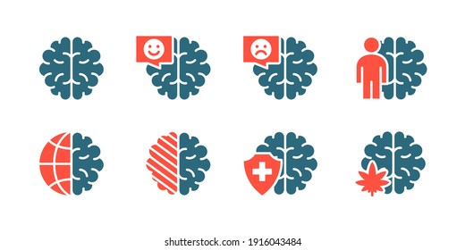 Set of human brain colored icon. Healthy internal organ, head organ illness, diagnosis, treatment symbol