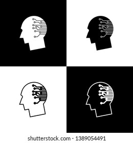 Set Human brain as digital circuit board icons on black and white background. Artificial Intelligence. Human head outline with circuit lines inside. Line, outline and linear icon. Vector Illustration