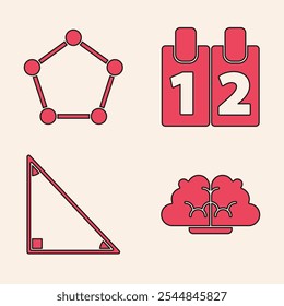 Definir o cérebro humano, figura geométrica Prismo pentagonal, Calendário e Triângulo ícone matemático. Vetor