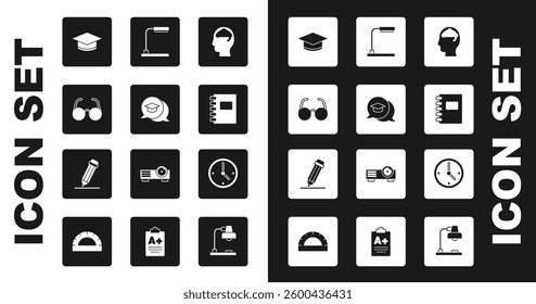 Set Human brain, Graduation cap speech bubble, Glasses, Spiral notebook, Table lamp, Clock and Pencil with eraser icon. Vector