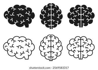 Set of human brain icons, top, side, back view on white background. Concept of thinking, health, outline design.