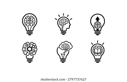 Set of human brain and idea lightbulb icons on background.