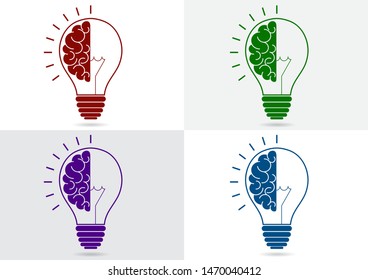 Set. Human brain in a light bulb idea concept flat icon isolated on white and gray background. Vector illustration