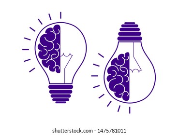 Set. Human brain in a light bulb idea concept flat icon isolated on white background. Vector illustration