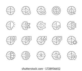 Set of human brain line icon. Healthy internal organ, head organ illness, diagnosis, treatment and more.