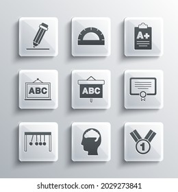 Set Human brain, Medal, Certificate template, Chalkboard, Pendulum, Pencil with eraser and Exam sheet A plus grade icon. Vector