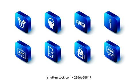 Set Human brain, Movie, film, media projector, Pen, Chalkboard, School backpack, Graduation cap on mobile,  and Medal icon. Vector
