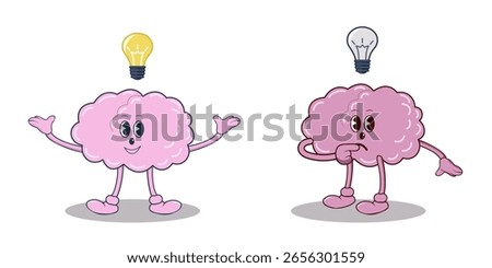 Set, human brain on a white background, one brain is happy with the idea, a light bulb is burning above it, a sad brain with an extinguished light bulb, brain, idea, brainstorming