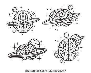 Set of human brain with the planets of the solar system. Collection of beautiful space brain. Human anatomy. Neurology. Nature. Medical art. Vector illustration on white background.