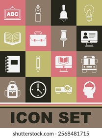 Set Human brain, School Bus, Online class, Ringing bell, Briefcase, Open book, Chalkboard and Push pin icon. Vector