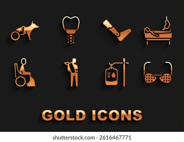 Set Human broken arm, Patient with leg, Blind glasses, IV bag, Woman wheelchair, Prosthesis, Dog and Dental implant icon. Vector