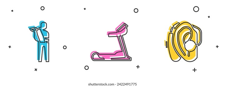 Set Human broken arm, Treadmill machine and Hearing aid icon. Vector