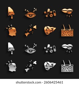 Set Human broken bone, Herpes lip, Hair covering skin, Hepatitis virus, Man having headache, Medicine pill or tablet, Runny nose and Insomnia icon. Vector