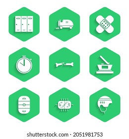 Set Human broken bone, Hockey table, helmet, Ice hockey cup champion, rink, Stopwatch, Crossed bandage plaster and Locker or changing room icon. Vector