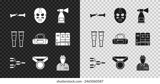 Set Human broken bone, Hockey mask, Air horn, Championship tournament bracket, Medal, judge, referee, arbiter, Crutch crutches and Sport bag icon. Vector