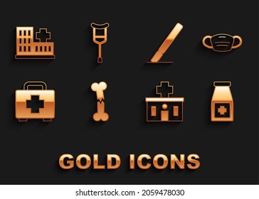 Set Human broken bone, Medical protective mask, Medicine bottle and pills, Hospital building, First aid kit, Surgery scalpel,  and Crutch or crutches icon. Vector