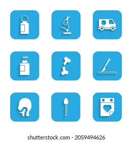 Set Human broken bone, Sperm, Doctor appointment, Medical surgery scalpel, Sore throat, Hand sanitizer bottle, Emergency car and Eye drop icon. Vector