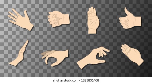 Set of human cartoon hands. Flat collections of arms showing different gestures, counting pointing and greeting. 