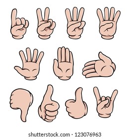 Set of human cartoon hands showing various gestures.