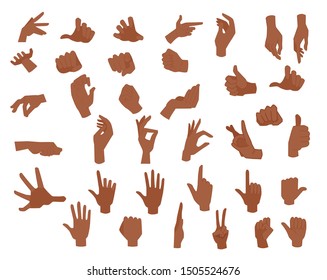 Set of human cartoon hands showing various gestures.