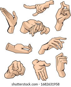 
Set of human cartoon hands showing various gestures isolated on white background. Vector flat illustration of male hand.