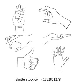 Set of human cartoon hands showing various gestures. Hand gestures. Flat collections of arms showing different gestures