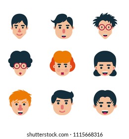 Set of human character flat face design icon pack