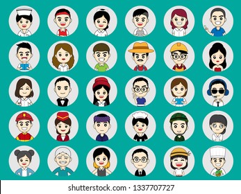 Set of human different faces, portraits of men and women different professions. Vector illustration.