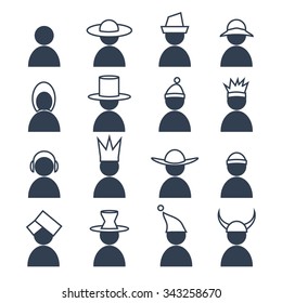 Set of human with different headdress icons. Vector illustration. 