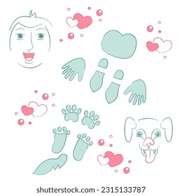 Set with human and dog footprints, human face, dog muzzle. Doodle color vector illustration.