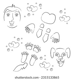 Set with human and dog footprints, human face, dog muzzle. Doodle black and white vector illustration.