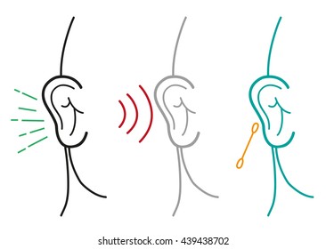 Set of Human Ear Illustration in Outline Art Style. Editable Clip Art.