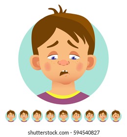 Set von menschlichen Emotionen. Gesichtsausdruck. Set von Emoticons.  Flache Vektorgrafik. Traurig