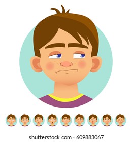 Set of human emotions. Facial expression. Set of emoticons. Flat vector illustration. Resentful