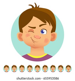 Set of human emotions. Facial expression. Set of emoticons. Flat vector illustration. Wink