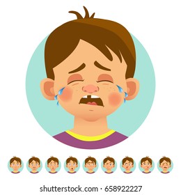 Set of human emotions. Facial expression. Set of emoticons. Flat vector illustration. Cry