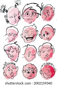 Conjunto de emociones humanas sobre el fondo de las acuarelas rosas