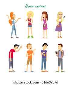 Set of human emotions. Quarrel. Indifference. Love. Parting. Phlegmatic, sanguine, choleric, melancholic temperament of teenagers. Man and woman in different emotional states. Vector illustration