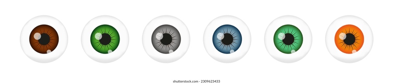 Set of human eye balls with brown, green, gray, blue pupils isolated on white background. Eyeball closeup view. Espionage, curiosity, spying, surveillance concept. Vector realistic illustration