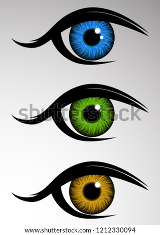 Set. The human eye, look. Iris. Ophthalmic lenses. Vector illustration.