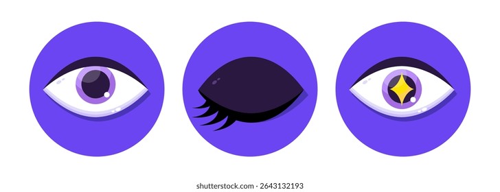 Set of human eyeball icons in flat style. Open eye, closed eye with eyelashes, eye with shiny star of delight. Vector illustration
