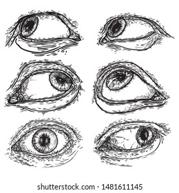 Set of human eyes for design of all seeing eye symbols variations. Alchemy, religion spirituality and occultism tattoo ink art collection. Vision of providence and third eye. Hand drawing artwork. 