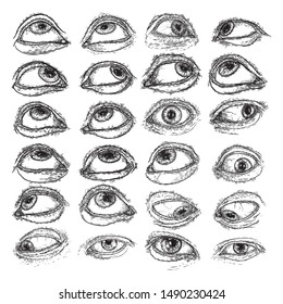 Set of human eyes for design of all seeing eye symbols variations. Alchemy, religion spirituality and occultism tattoo ink art collection. Vision of providence and third eye. Hand drawing artwork. 