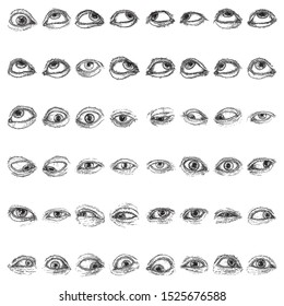 Set of human eyes for design of all seeing eye symbols variations. Alchemy, religion spirituality and occultism tattoo ink art collection. Vision of providence and third eye. Hand drawn. Vector.