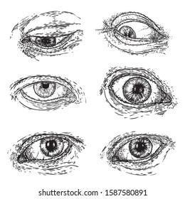 Set of human eyes for design of all seeing eye symbols variations. Alchemy, religion spirituality and occultism tattoo ink art collection. Vision of providence and third eye. Hand drawing. Vector.