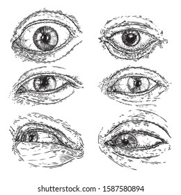 Set of human eyes for design of all seeing eye symbols variations. Alchemy, religion spirituality and occultism tattoo ink art collection. Vision of providence and third eye. Hand drawing. Vector.