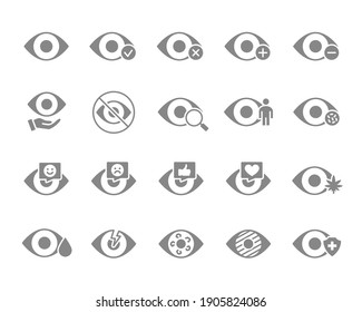 Set of human eyes grey icon. Healthy visual organ, diseases of organs of the visual system, treatment and more.