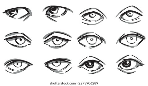 Set of human eyes monochrome abstract sketches. Eyes pairs hand drawn vector illustration isolated on white..